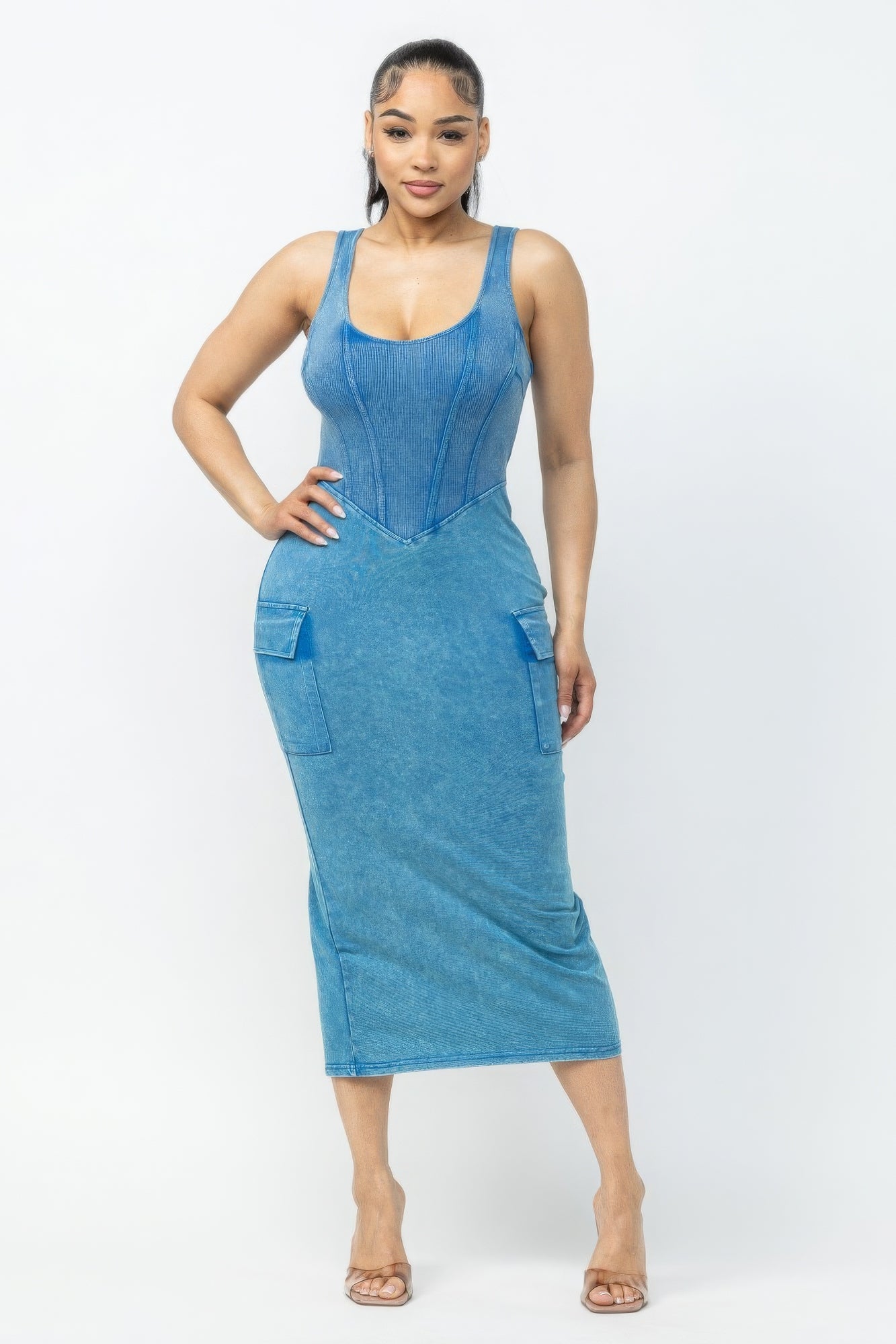 blue cargo dress Cargo Style Denim Dress, MIDDLE BLUE / XS